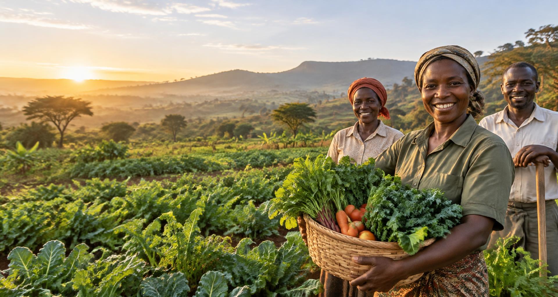 Illustrative African farming community gathering a vegetable harvest